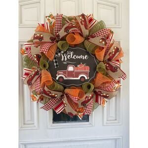 Welcome Red Truck Pumpkin Farmhouse Deco Mesh and Ribbon Fall Autumn Wreath
